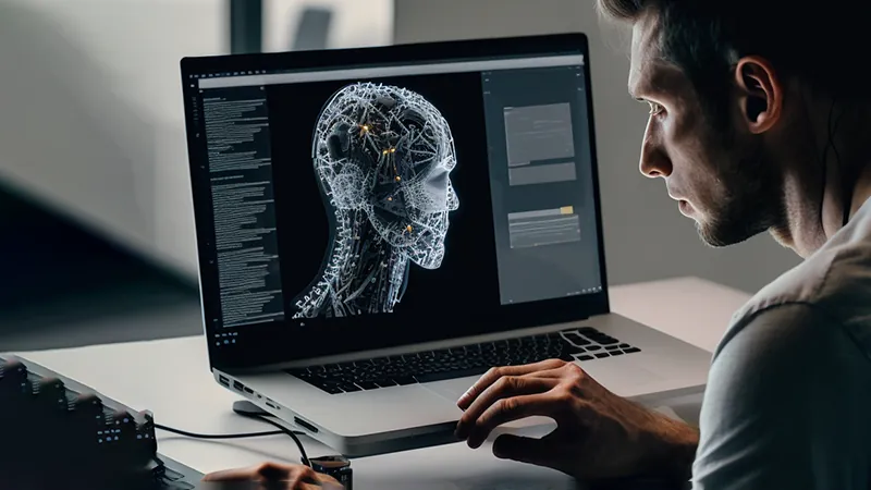 Someone in his office in front of his laptop applying machine learning algorithm to an AI model